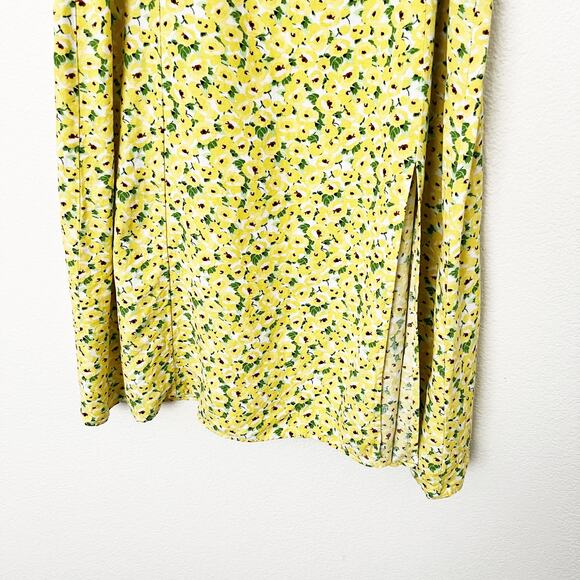 [LOFT] Yellow Floral Print Linen Blend High Waist Side Slit Midi Skirt Size 14 - Picture 8 of 12